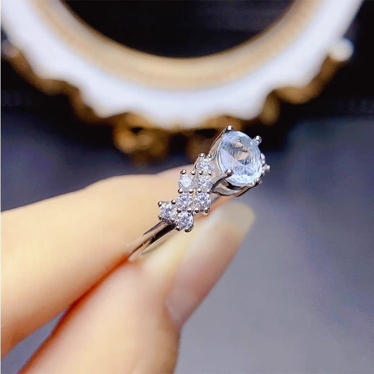 Sier Plated Imitation Natural Aquamarine Female Inlaid Zircon Fashion Open Ring