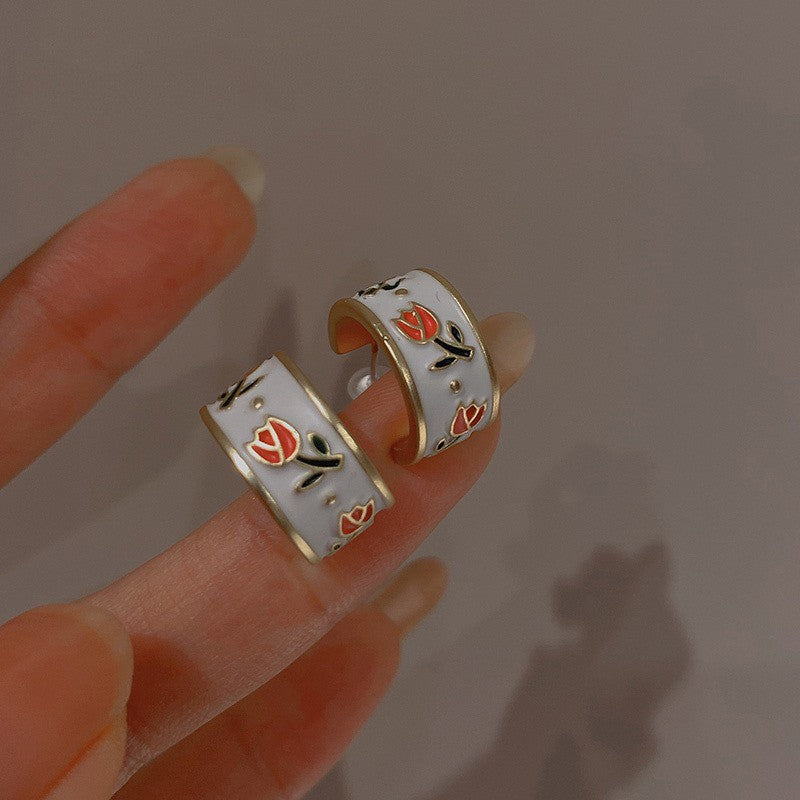 Sier Needle Flower Curved Irregular Pearl Baroque Vintage Earrings