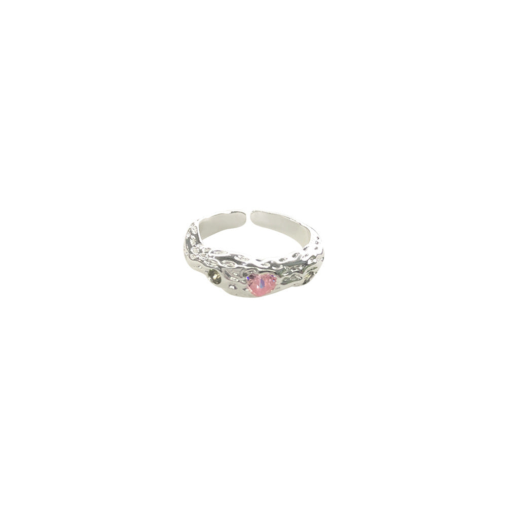 Sier Irregular Texture Pink Love Heart-shaped Rings