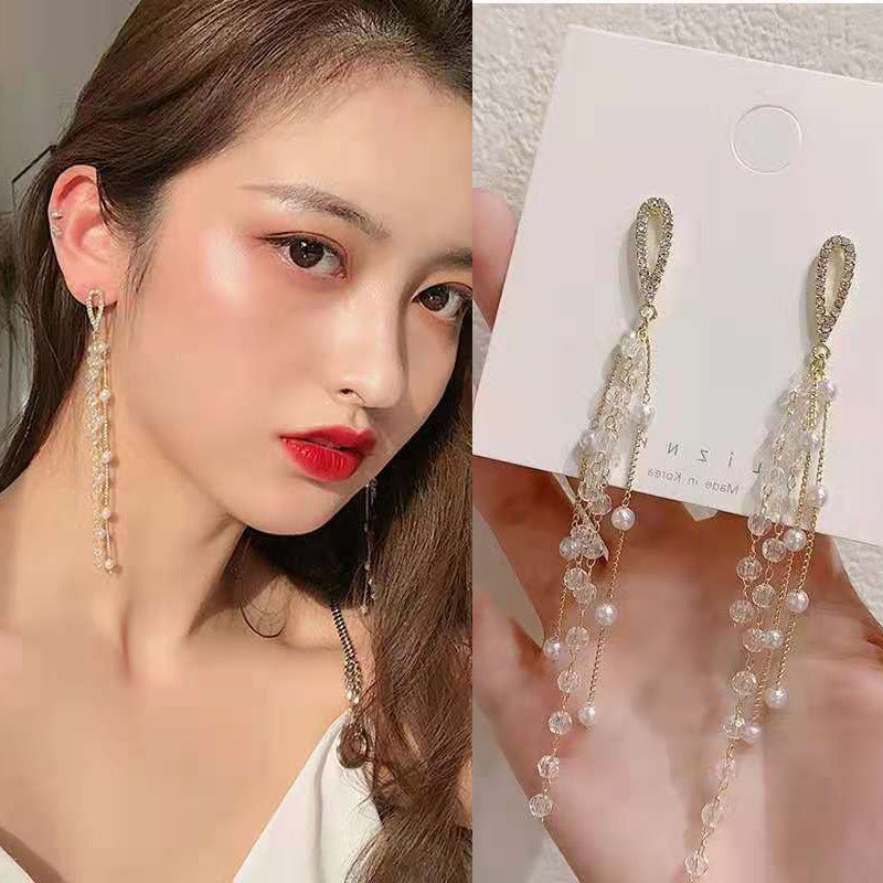 Tassel High-grade Sier Needle Metal Light Luxury Pearl Earrings
