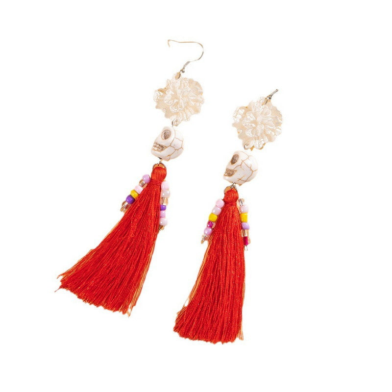 Halloween Funny Fun Skull Tassel Bead Earrings