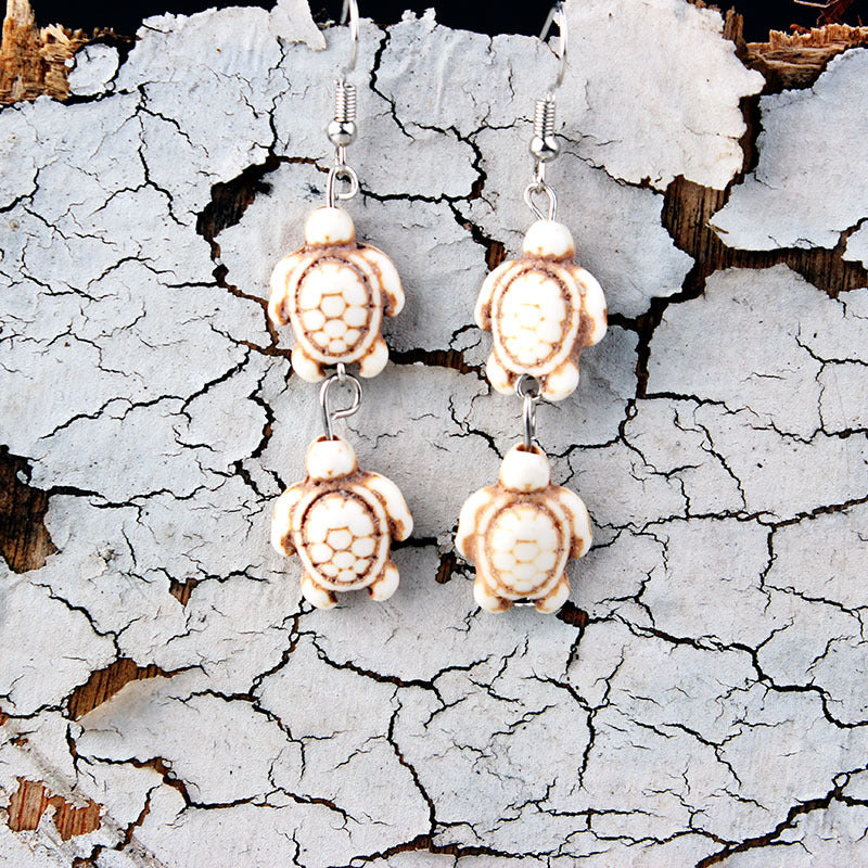 Overseas Bohemian Style Natural Stone Tassel Turquoise Turtle Ear Rings