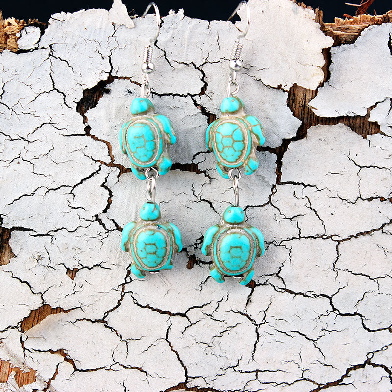 Overseas Bohemian Style Natural Stone Tassel Turquoise Turtle Ear Rings