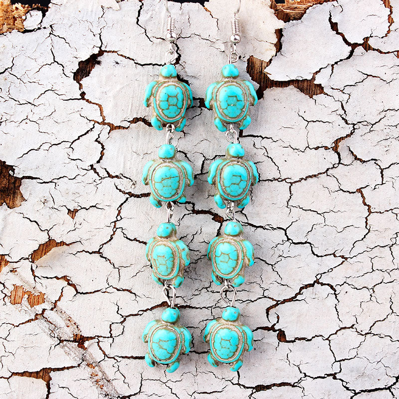 Overseas Bohemian Style Natural Stone Tassel Turquoise Turtle Ear Rings