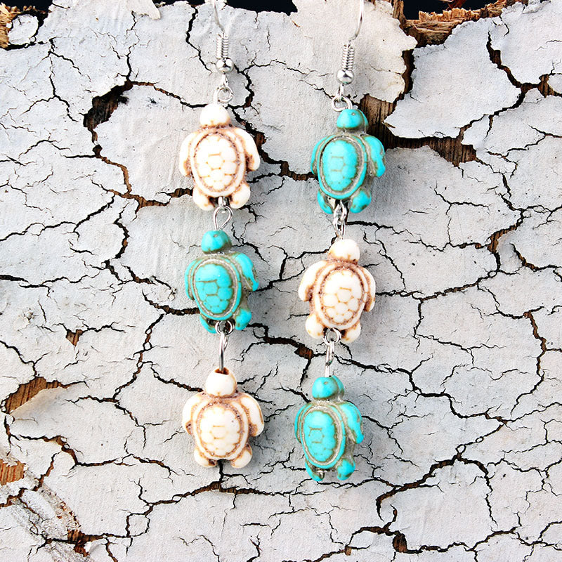 Overseas Bohemian Style Natural Stone Tassel Turquoise Turtle Ear Rings