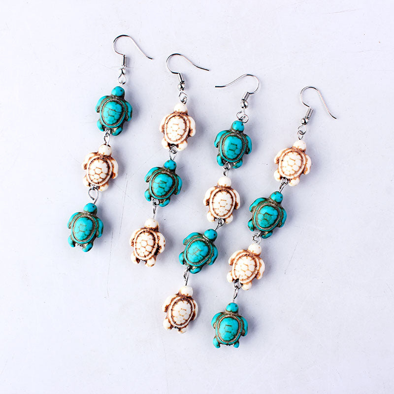 Overseas Bohemian Style Natural Stone Tassel Turquoise Turtle Ear Rings