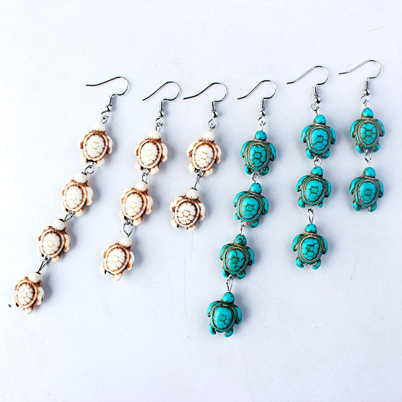 Overseas Bohemian Style Natural Stone Tassel Turquoise Turtle Ear Rings