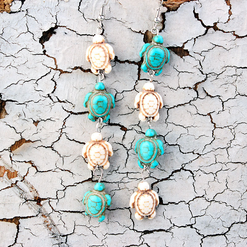 Overseas Bohemian Style Natural Stone Tassel Turquoise Turtle Ear Rings
