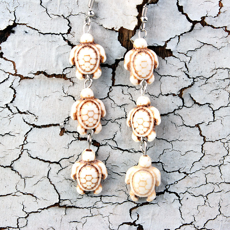 Overseas Bohemian Style Natural Stone Tassel Turquoise Turtle Ear Rings