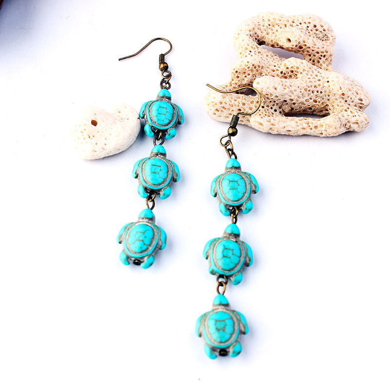 Overseas Bohemian Style Natural Stone Tassel Turquoise Turtle Ear Rings