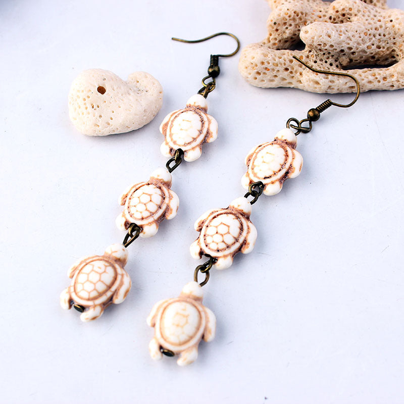 Overseas Bohemian Style Natural Stone Tassel Turquoise Turtle Ear Rings