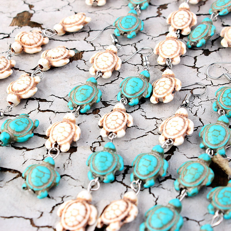 Overseas Bohemian Style Natural Stone Tassel Turquoise Turtle Ear Rings