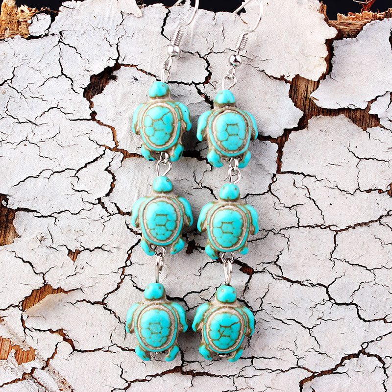 Overseas Bohemian Style Natural Stone Tassel Turquoise Turtle Ear Rings