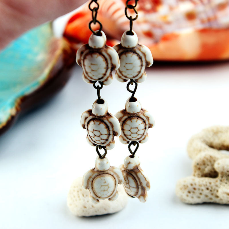 Overseas Bohemian Style Natural Stone Tassel Turquoise Turtle Ear Rings
