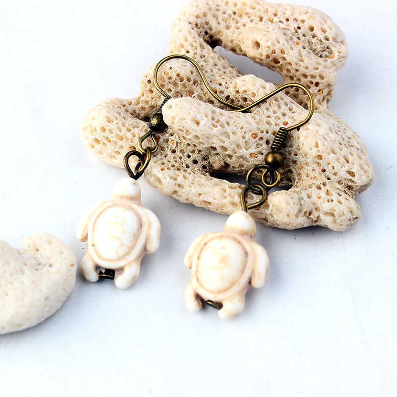 Overseas Bohemian Style Natural Stone Tassel Turquoise Turtle Ear Rings