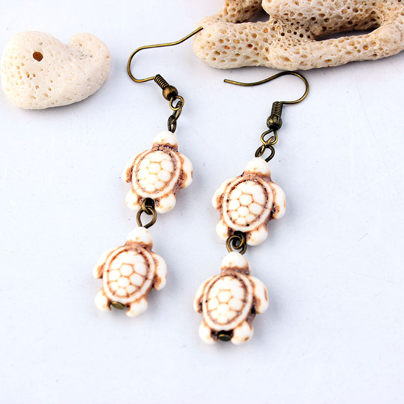 Overseas Bohemian Style Natural Stone Tassel Turquoise Turtle Ear Rings
