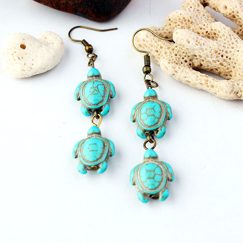 Overseas Bohemian Style Natural Stone Tassel Turquoise Turtle Ear Rings
