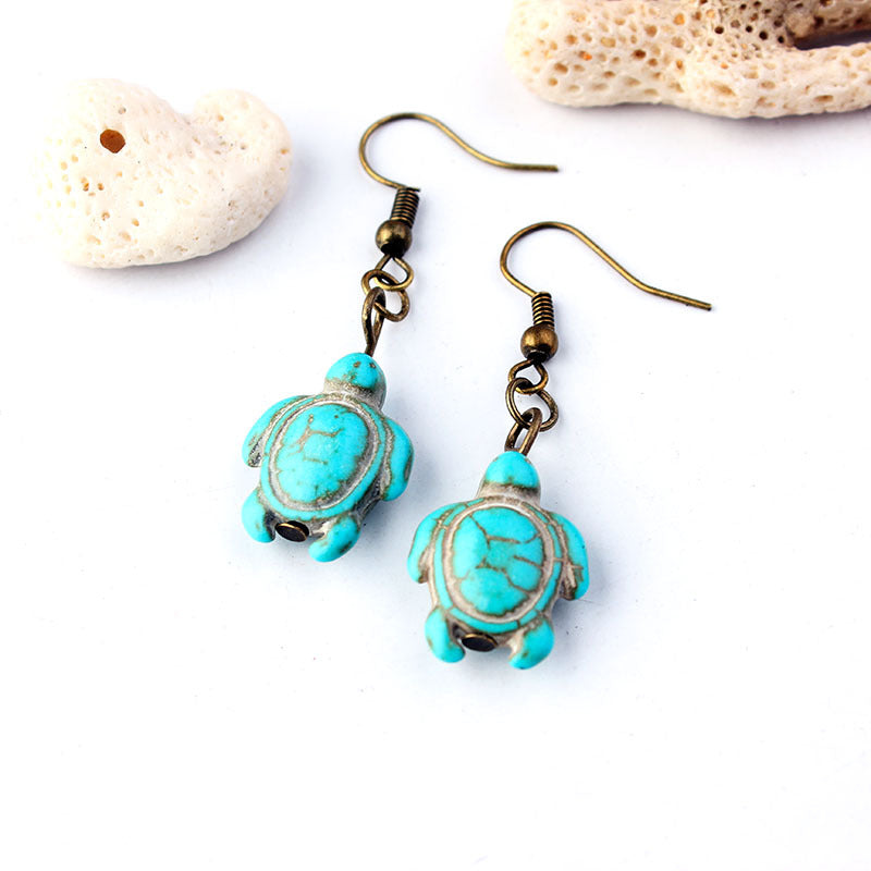 Overseas Bohemian Style Natural Stone Tassel Turquoise Turtle Ear Rings