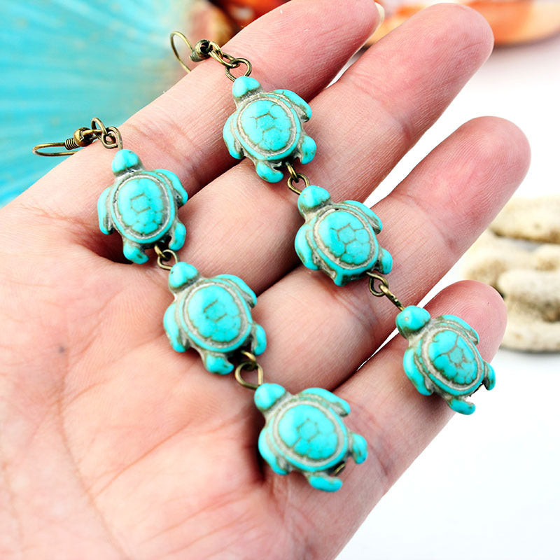 Overseas Bohemian Style Natural Stone Tassel Turquoise Turtle Ear Rings