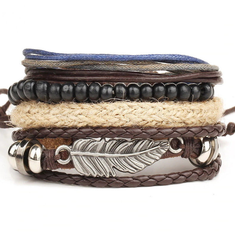 Woven Combination Vintage Alloy Leaves Bead Bracelets