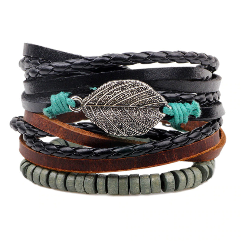Woven Combination Vintage Alloy Leaves Bead Bracelets