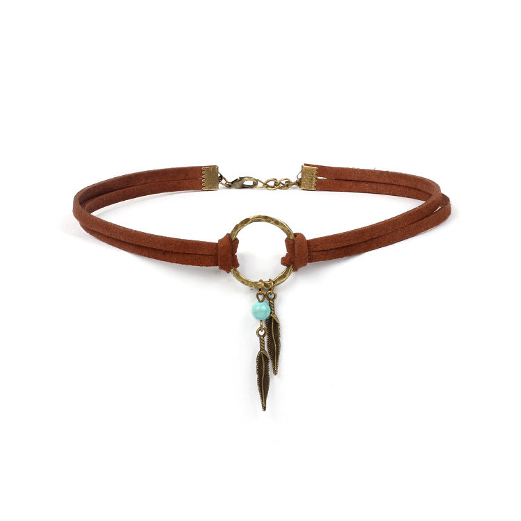 Women's Geometric Round Loop Veet Leaves Turquoise Double Layer For Neck Collar