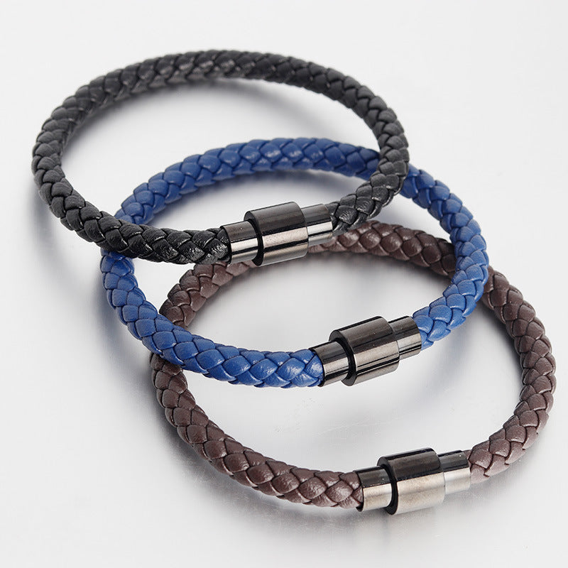 Men's Leather Cord Stainless Steel Braided Genuine Bracelets