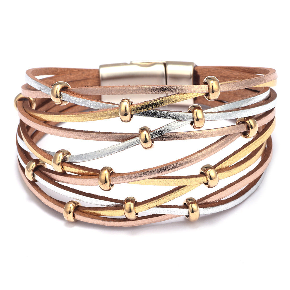 Women's Fashion Gold Sliver Beads Woven Magnetic Snap Bracelets