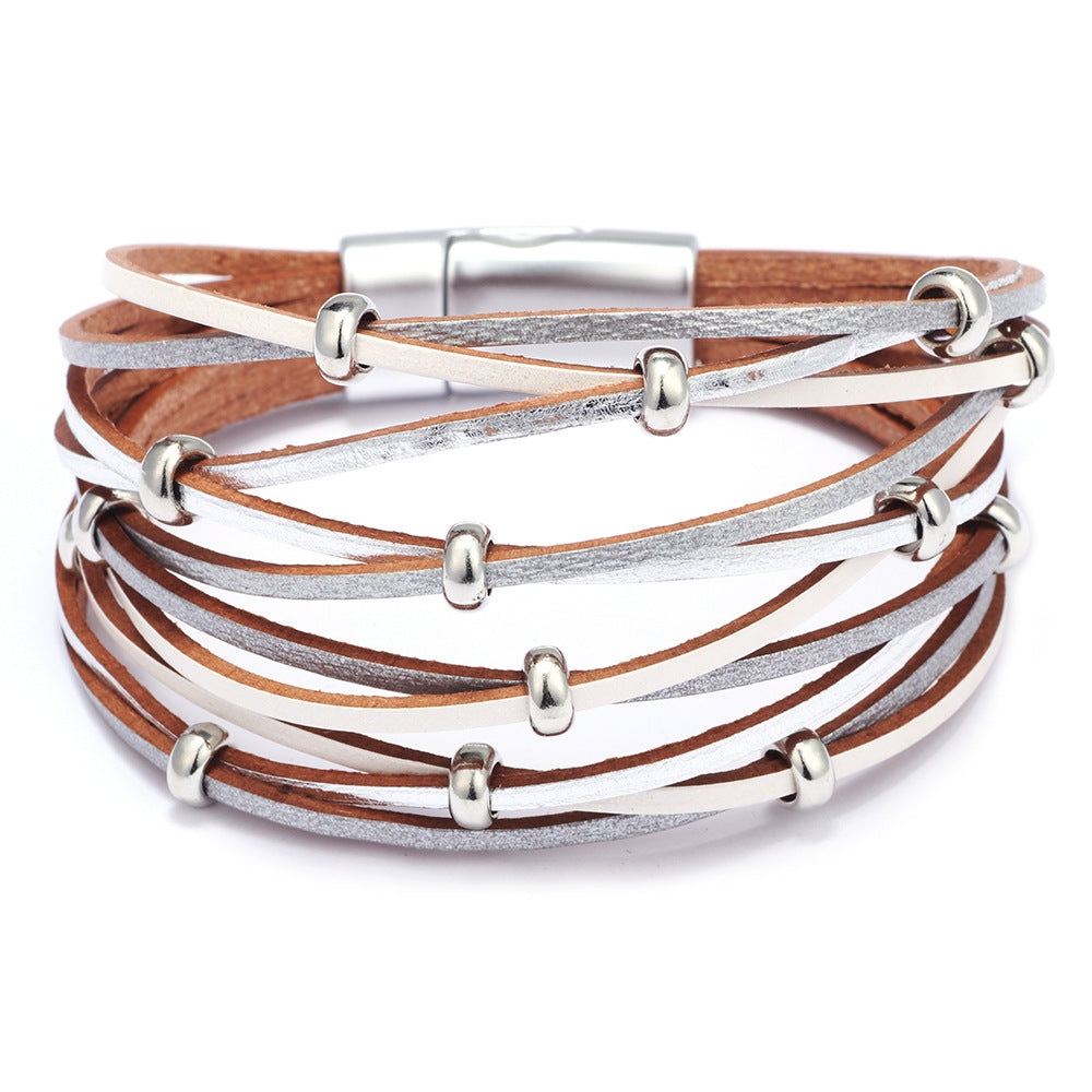 Women's Fashion Gold Sliver Beads Woven Magnetic Snap Bracelets