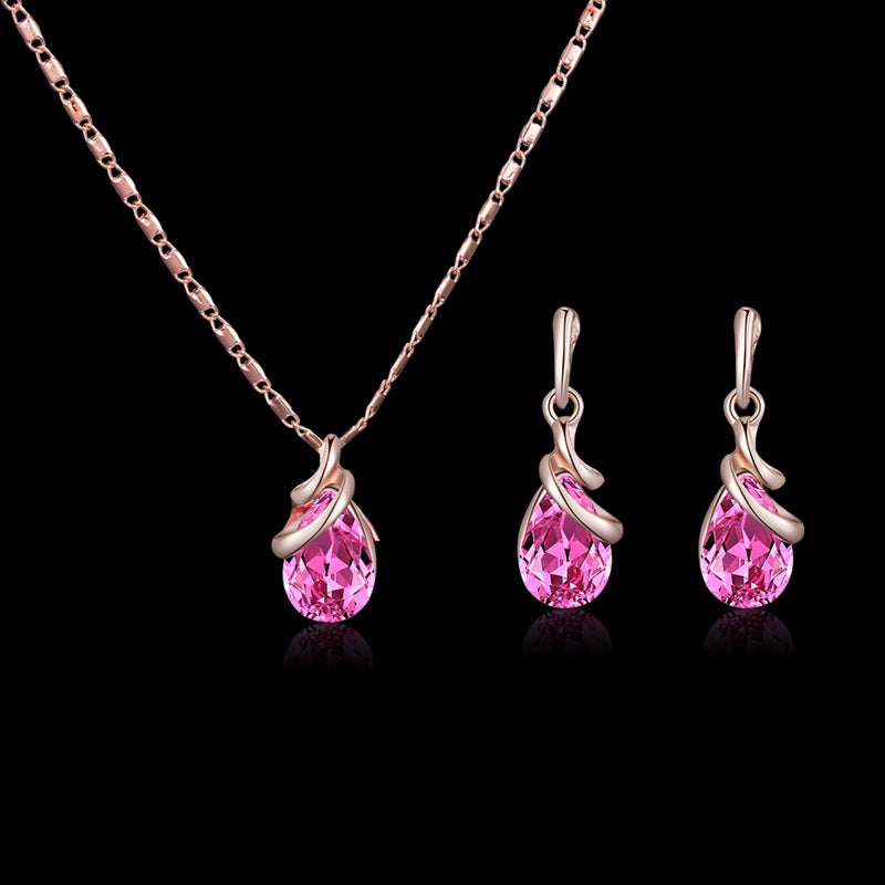 Rose Water Drop Pink Gem Ear Jewelry Set