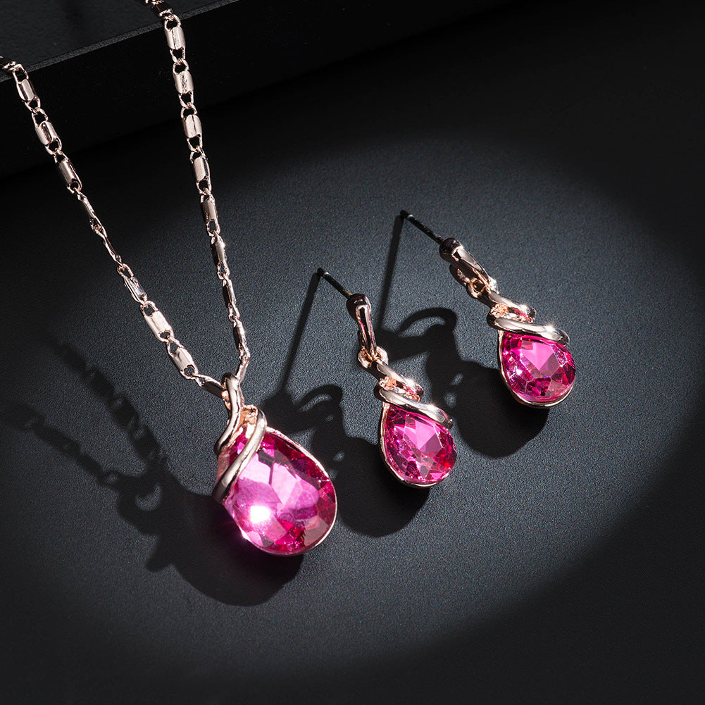 Rose Water Drop Pink Gem Ear Jewelry Set