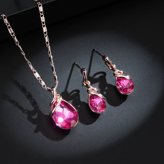Rose Water Drop Pink Gem Ear Jewelry Set