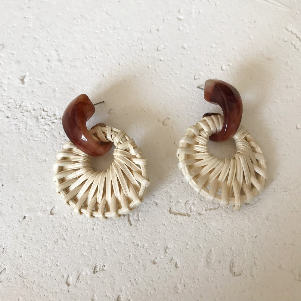 Pretty Resin Bamboo Rattan Straw Vintage Earrings