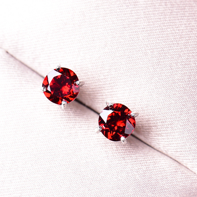 Women's Korean Style Rose Red Round Ruby Crystal Stud Earrings