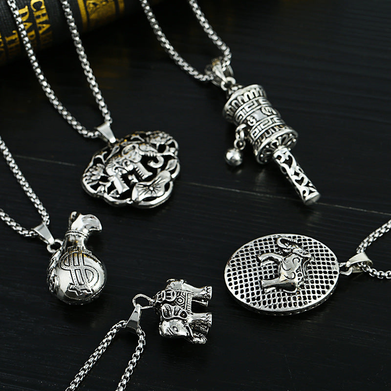 Men's Lucky Elephant Titanium Steel Life Pig Sweater Chain Necklace