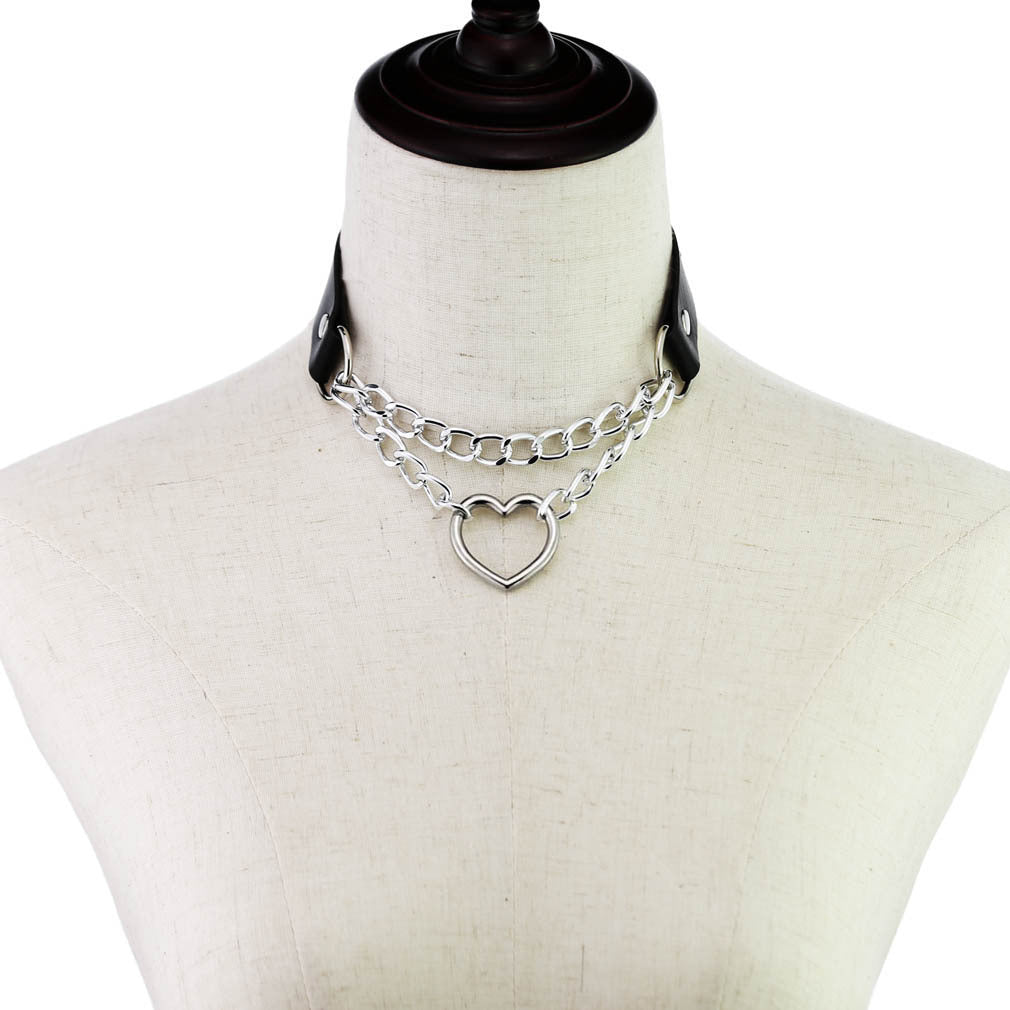 Cool Heart Shaped Chain Neckband Fashion Leather Love Collar