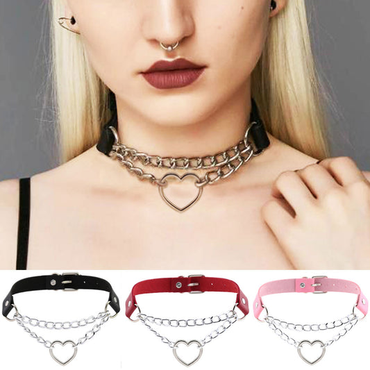 Cool Heart Shaped Chain Neckband Fashion Leather Love Collar