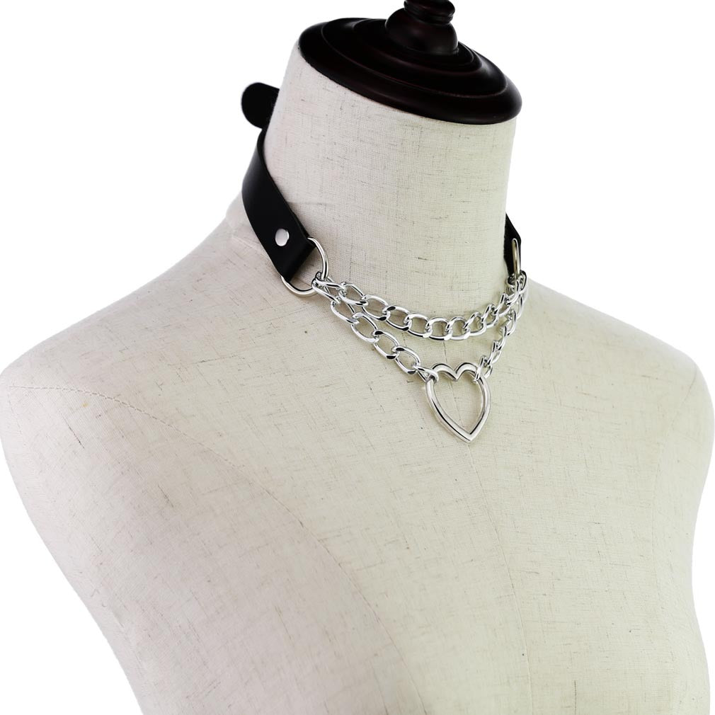 Cool Heart Shaped Chain Neckband Fashion Leather Love Collar