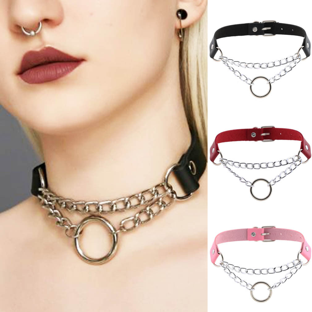 Fashion Leather Neckband Punk Street Shot Chain Neck Necklaces