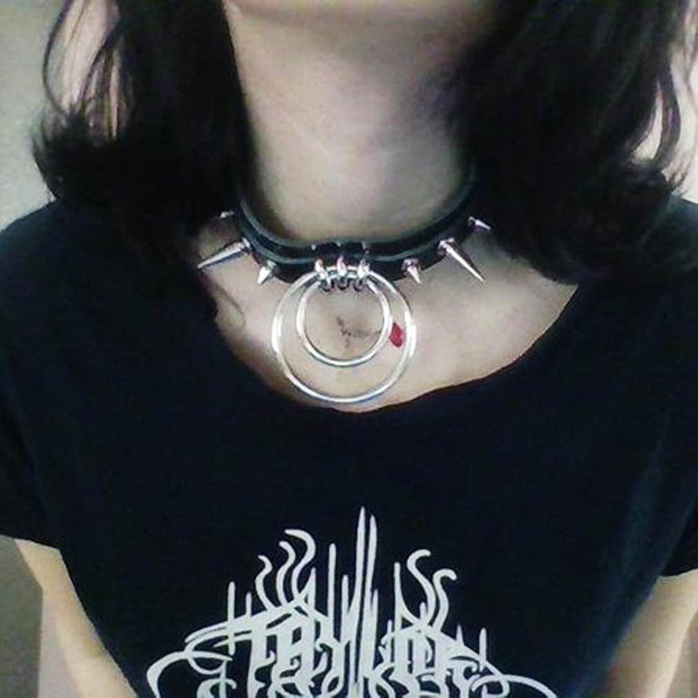 Leather Pointed Rivet Neckband Personality Double O-shaped Neck Rings