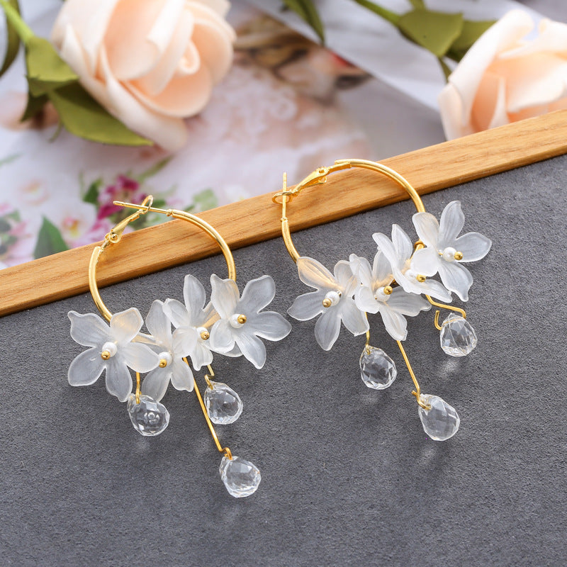 Women's Korean Style Graceful Personality Crystal Flower Long Rings