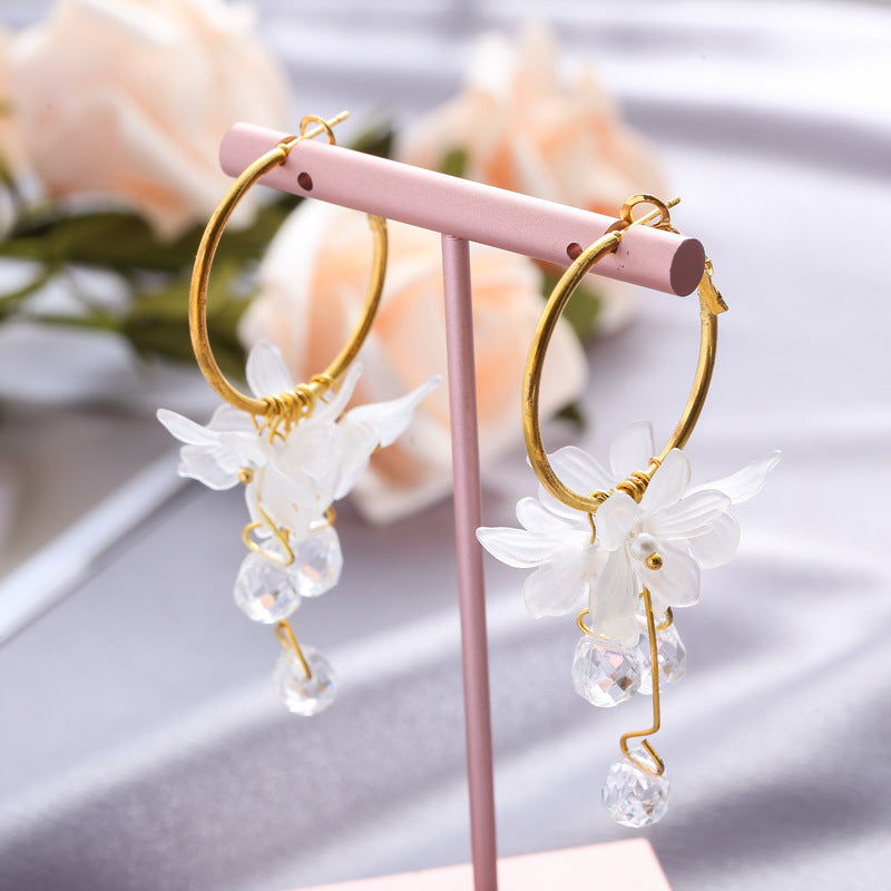Women's Korean Style Graceful Personality Crystal Flower Long Rings