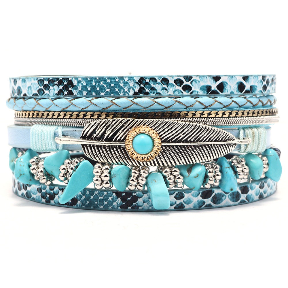 Women's Vintage Feather Trendy Unique Turquoise Gravel Bracelets