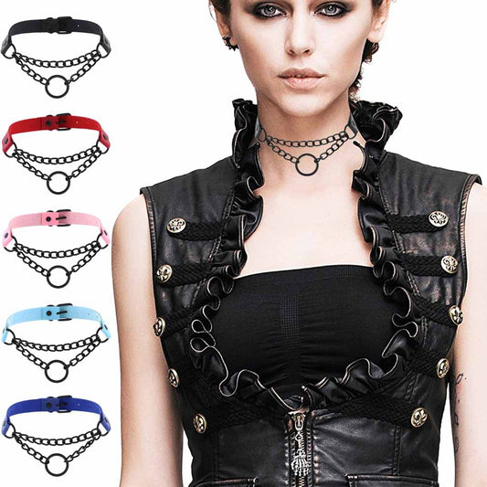 Punk Leather Neckband Street Shot Black Chain Neck Rings