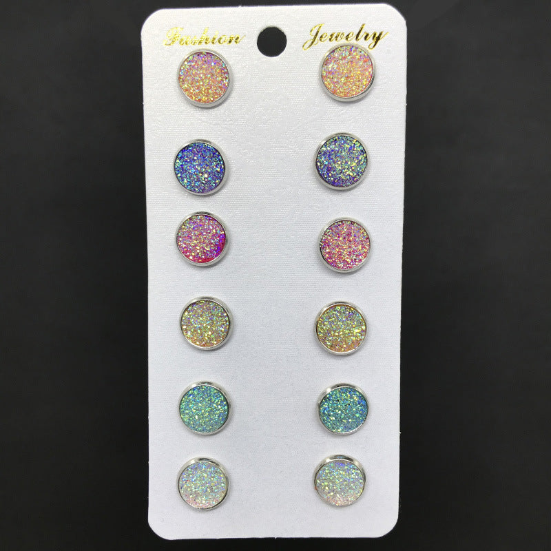 Pairs Combination Scale Grain Earings Round Colorful Rhinestone Gem Opal Stud Earrings