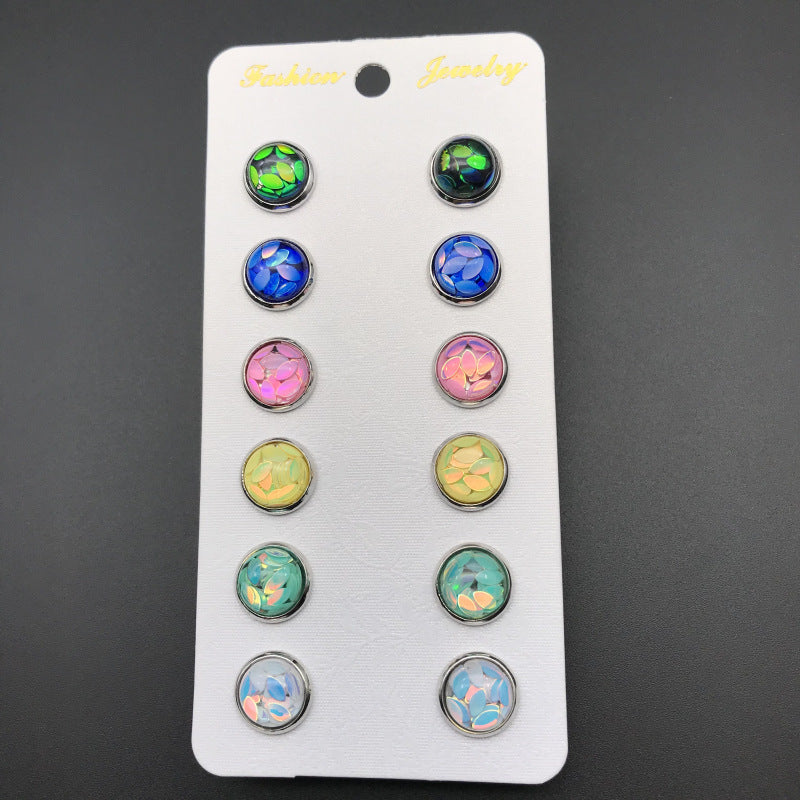 Pairs Combination Scale Grain Earings Round Colorful Rhinestone Gem Opal Stud Earrings