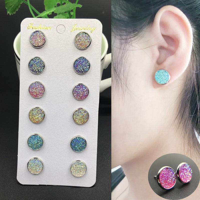 Pairs Combination Scale Grain Earings Round Colorful Rhinestone Gem Opal Stud Earrings