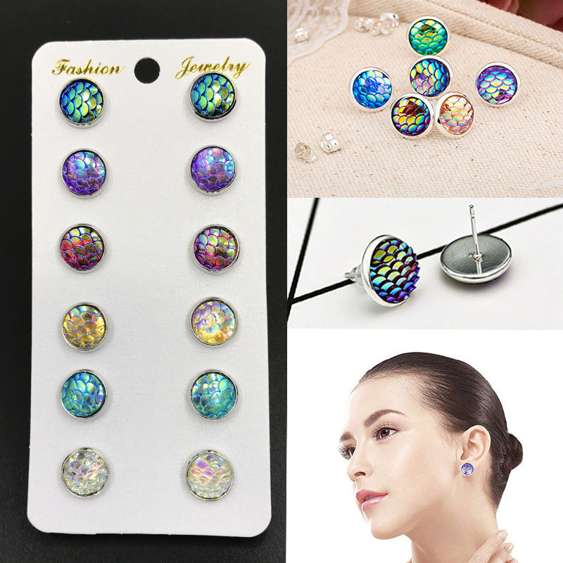 Pairs Combination Scale Grain Earings Round Colorful Rhinestone Gem Opal Stud Earrings