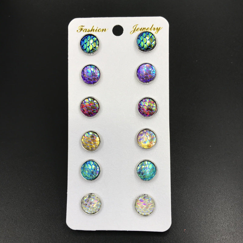 Pairs Combination Scale Grain Earings Round Colorful Rhinestone Gem Opal Stud Earrings