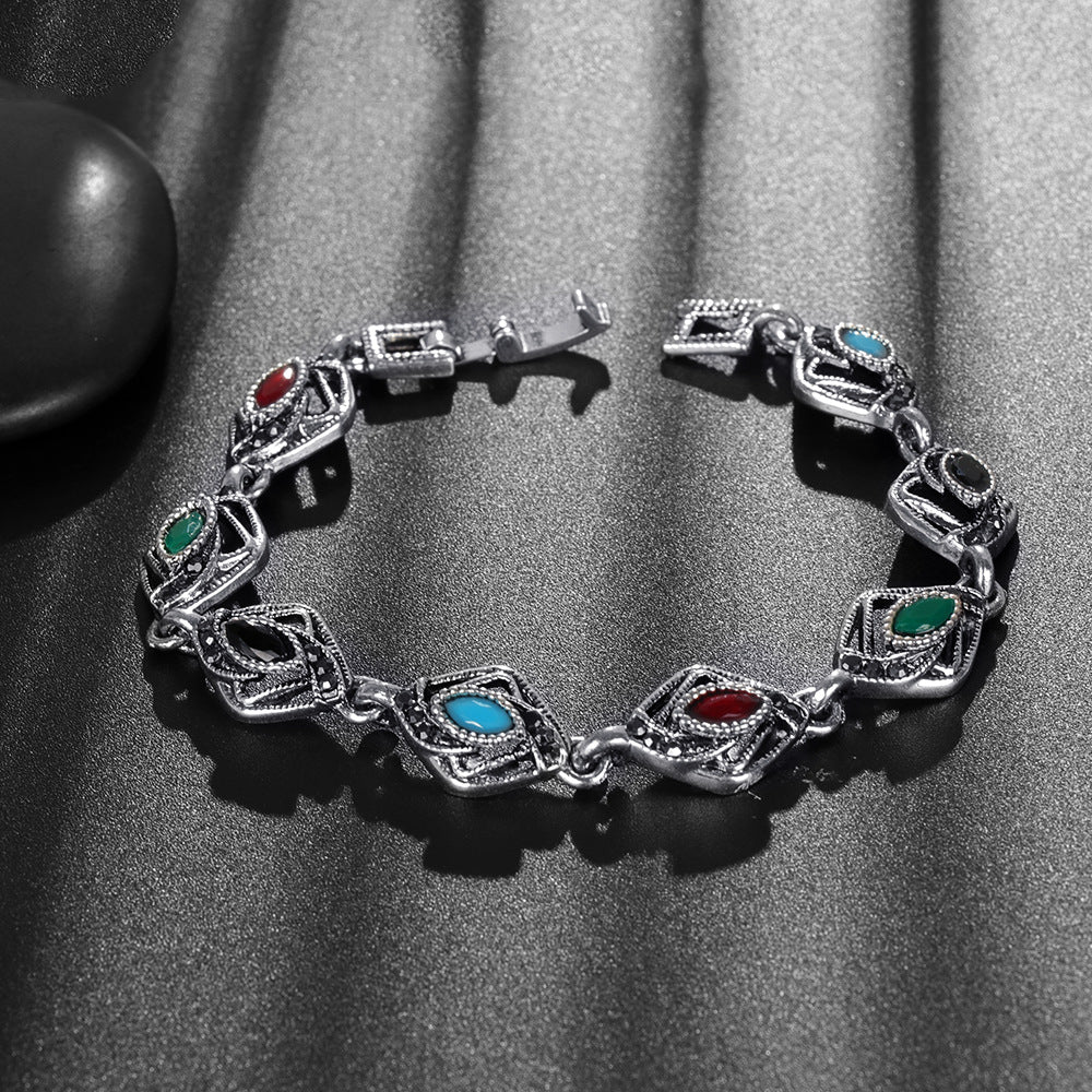 Women's Geometry Pattern Style Mixed Color Inlaid Alloy Bracelet